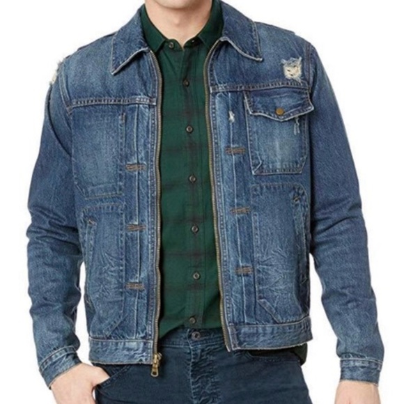 Hudson Mens Denim Jacket Distressed Zip Front - Picture 1 of 8